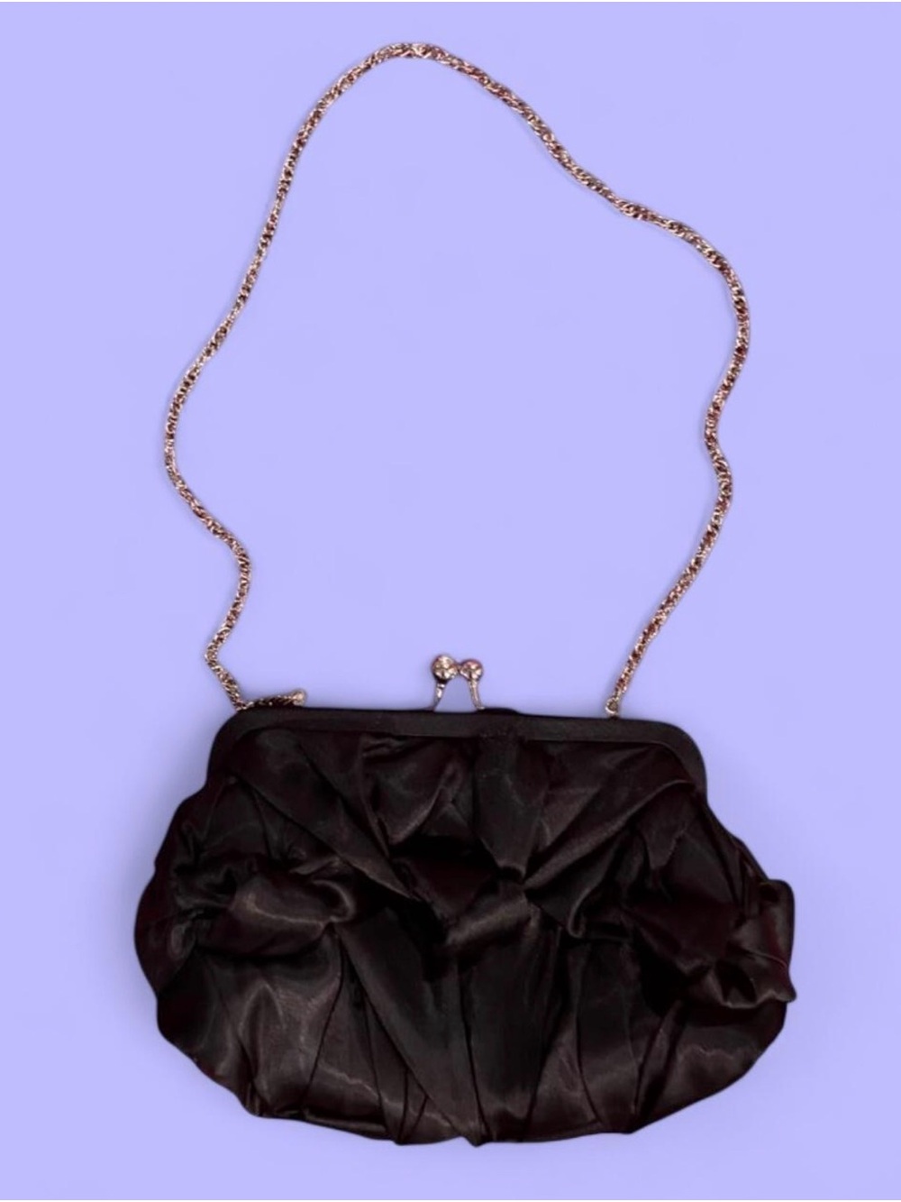 White House Black Market Black Ruched Satin Satchel with Gold Chain